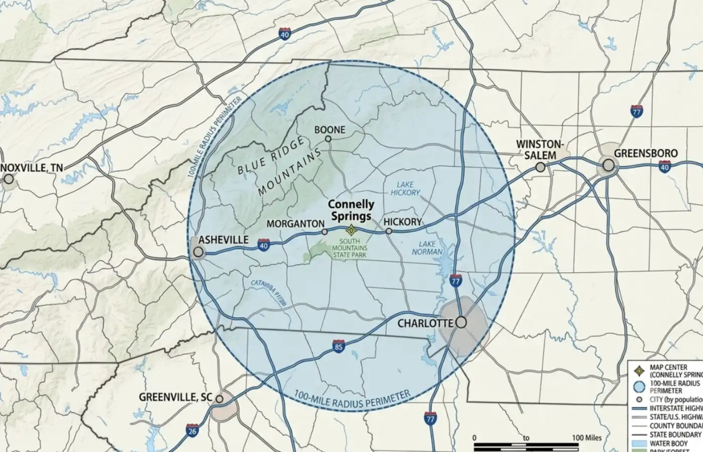 Map showing the 100-mile HVAC service radius from Connelly Springs, North Carolina